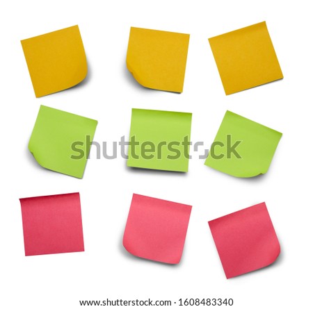 Collection of different colored pasted sheets of note papers stickers Isolated on white background