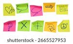 Collection of different colored sheets of note papers, curled corner with drawn symbols, isolated on white background, clipping path