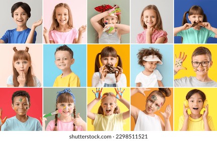 Collection of different cute children on color background