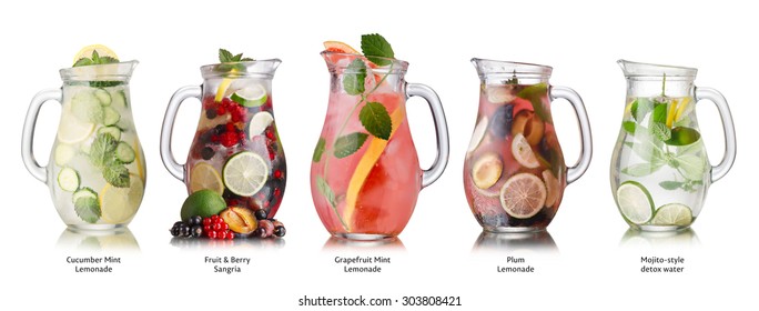 Collection of different drinks in glass pitchers. Glasses full of spritzers,lemonade,iced tea, detox waters. Healthy eating - Powered by Shutterstock