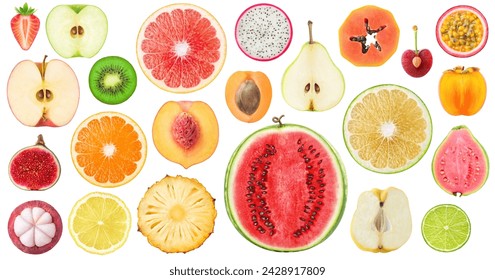 Collection of different fruits cross sections isolated on white background - Powered by Shutterstock