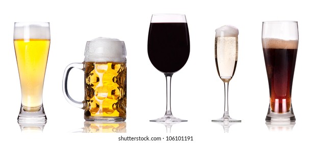 Collection of different images of alcohol isolated on a white background