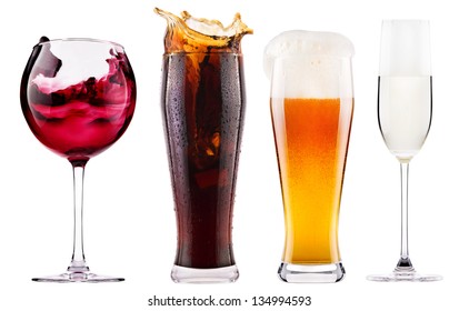 Collection of different images of alcohol isolated - cola,beer,wine,champagne
