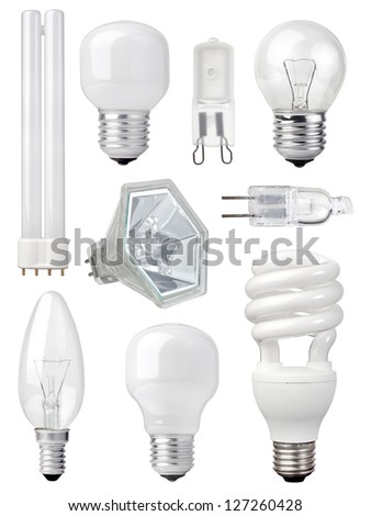 collection of different kind of light bulbs on white background