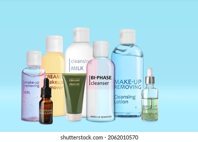 Collection of different makeup removal products on light blue background