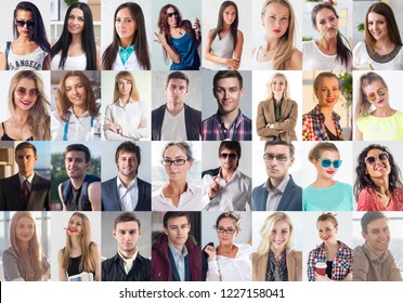 Collection Of Different Many Happy Smiling Young People Faces Caucasian Women And Men. Concept Business, Avatar.