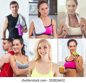 Collection of different many happy smiling young sportive people faces caucasian athlete women and men. Concept sport stuff avatar.