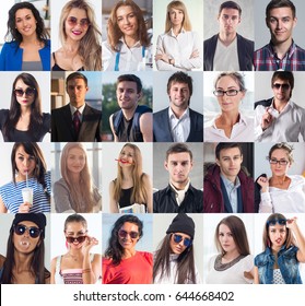 Collection Of Different Many Happy Smiling Young People Faces Caucasian Women And Men. Concept Business, Avatar.