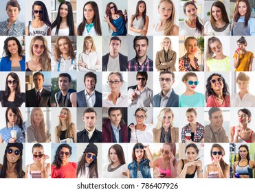 Collection of different many happy smiling young people faces caucasian women and men. Concept business, avatar.