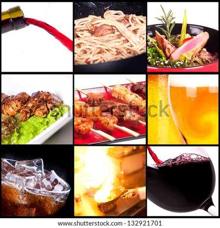 Collection of different meat dishes and alcohol drinks