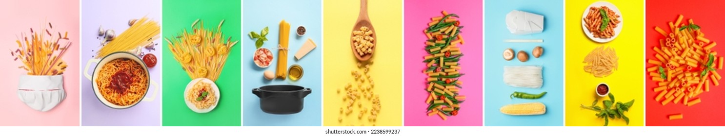 Collection of different pasta with fresh products on color background - Powered by Shutterstock