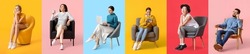 Collection Of Different People Sitting In Comfortable Armchairs On Color Background
