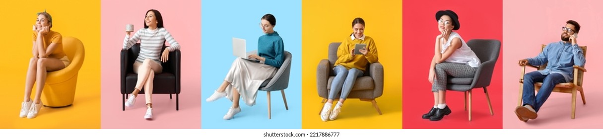 Collection of different people sitting in comfortable armchairs on color background - Shutterstock ID 2217886777