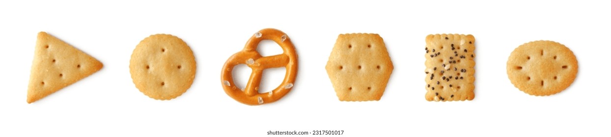 Collection of different salted crackers and mini pretzel isolated on white background                               