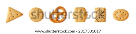Collection of different salted crackers and mini pretzel isolated on white background                               