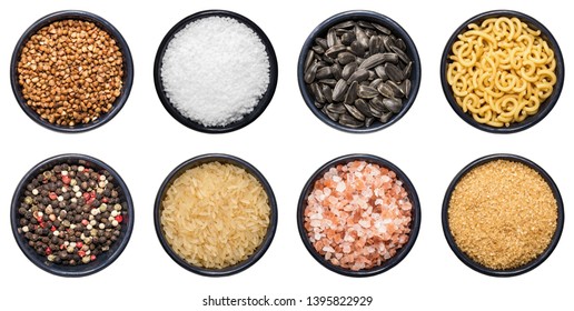 Collection of different spices, nuts, beans etc. isolated on white background - Shutterstock ID 1395822929