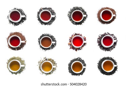 Collection Of Different Teas In Cups With Tea Leaves On A White Background