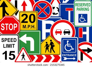 Collection of different traffic signs as background - Shutterstock ID 2153275345