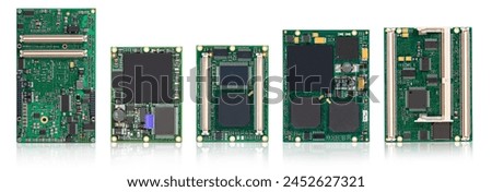 Collection of different types of embedded CPU modules with integrated chips and connectors, isolated on a white reflective background.