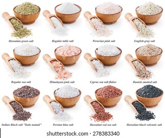 Sammlung verschiedener Arten von Salz einzeln auf weißem Hintergrund