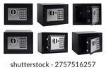 Collection of digital safe box in multiple angles isolated on white background.