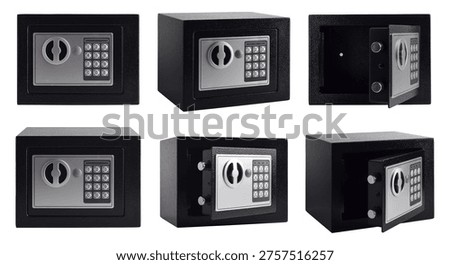Collection of digital safe box in multiple angles isolated on white background.