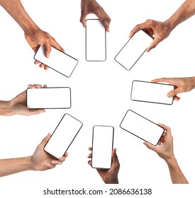 Collection Of Diverse Male And Female Hands Holding Cell Phones With White Empty Screen In Cirle, Showing Using Devices, Sharing Media, Transfer Data Files, Free Copy Space. Mock Up, Studio Background