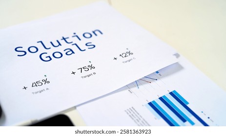 A collection of documents displaying "Solution Goals" with various statistics and charts illustrating performance metrics.