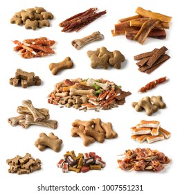 Collection of dog snacks isolated on a white background