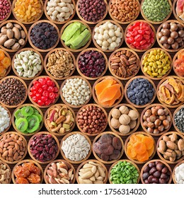 collection of dried fruit and nuts background, healthy snacks for vegan. - Shutterstock ID 1756314020