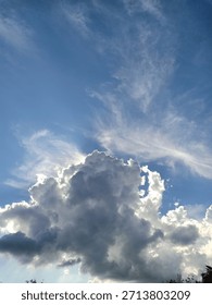 A collection of dynamic cloud studies against a vast blue sky. The photos feature a mix of bright, fluffy cumulus clouds and darker, contrasting wispy clouds, captured in the presence of strong sunlig