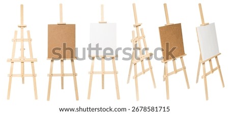 Collection easel empty for drawing isolated on white background. Vertical and horizontal paper sheets. Object, set. Wooden, mock up. Education, school, artist. Creative concept and idea of art