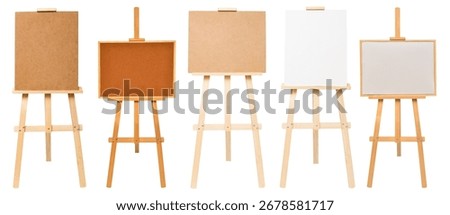 Collection easel empty for drawing isolated on white background. Vertical and horizontal paper sheets. Object, set. Wooden, mock up. Education, school, artist. Creative concept and idea of art