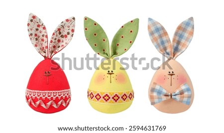 Collection of Easter decorations, rabbits eggs isolated on white background