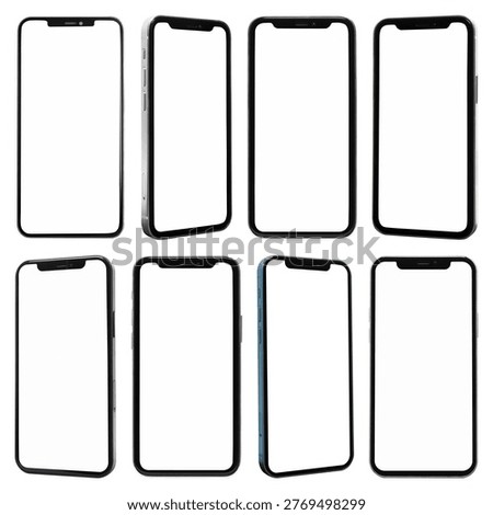 A collection of eight smartphone frames with blank screens, shown from various angles, ready for app or design mockups.