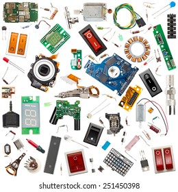 Collection of electronic components isolated in white