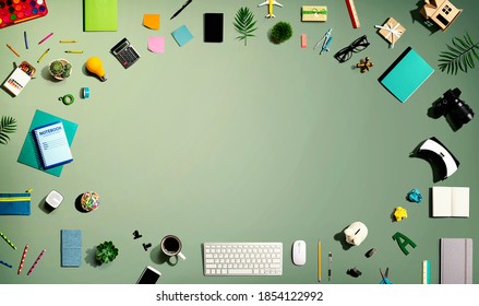 Collection of electronic gadgets and office supplies - flat lay - Shutterstock ID 1854122992