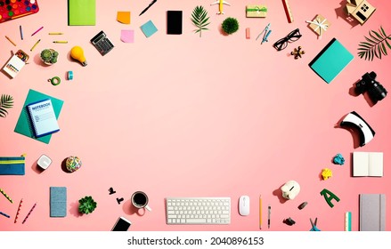 Collection of electronic gadgets and office supplies - flat lay - Powered by Shutterstock