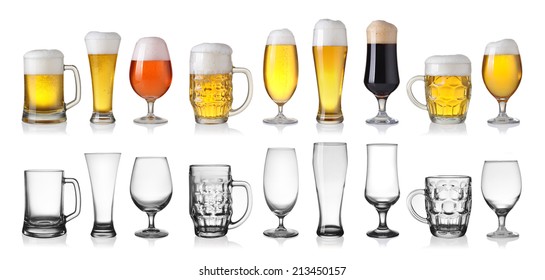 Collection of empty and full beer in glass isolated on white background 