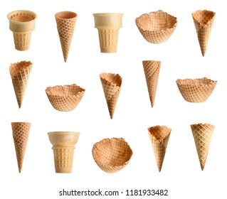 Collection Of Empty Ice Cream Cone Isolated On White Background