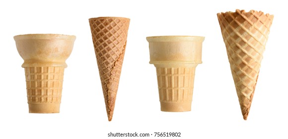 Коллекция пустых конусов мороженого, изолированных на белом фоне