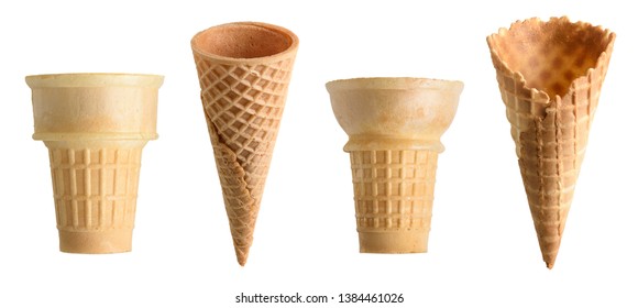 Collection Of Empty Ice Cream Cones Isolated On White Background