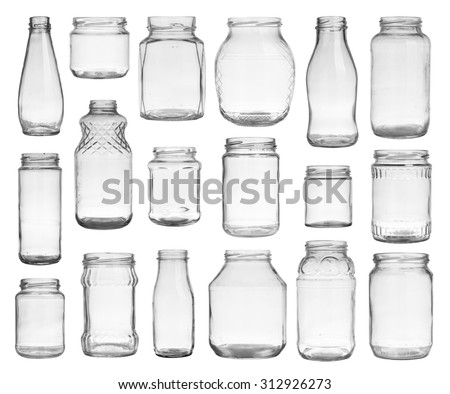 Collection of empty jars isolated on white background