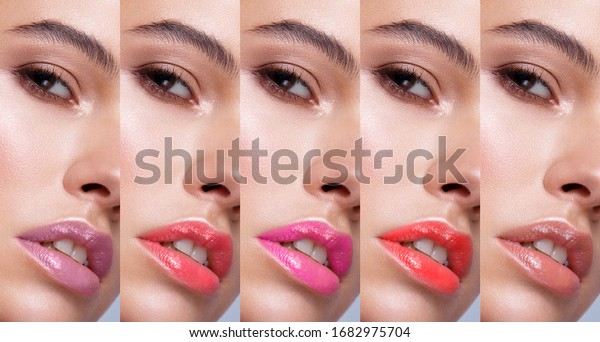 Collection of eyes and lips red and purple\
hues. The palette of lipsticks.\
Close-up.