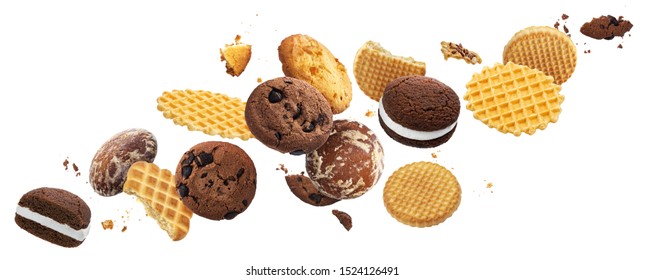 Collection of falling cakes, cookies, crackers, waffles isolated on white background with clipping path. Delicious flying whole and broken sweet biscuits set - Shutterstock ID 1524126491
