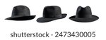 Collection of fedora hats from different points of view, isolated on white background