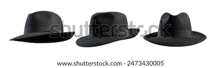 Collection of fedora hats from different points of view, isolated on white background