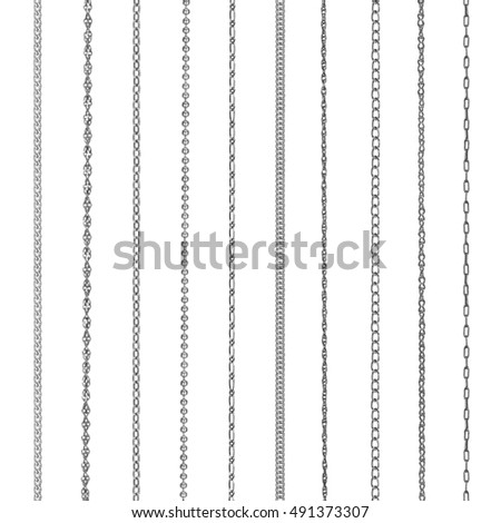 Collection fine jewelry silver chains of different shapes isolated on white background
