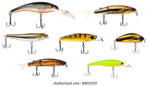 Collection Of Fishing Lures On White Background