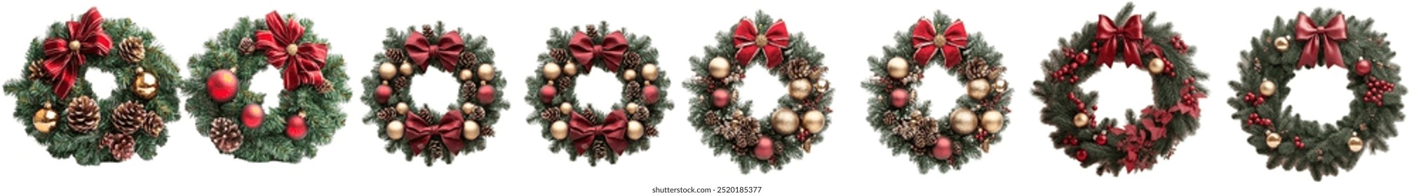 A collection of five beautifully crafted Christmas wreaths displayed in a row. Each wreath is uniquely designed, featuring various decorations, such as red bows, ornaments, and pinecones - Powered by Shutterstock